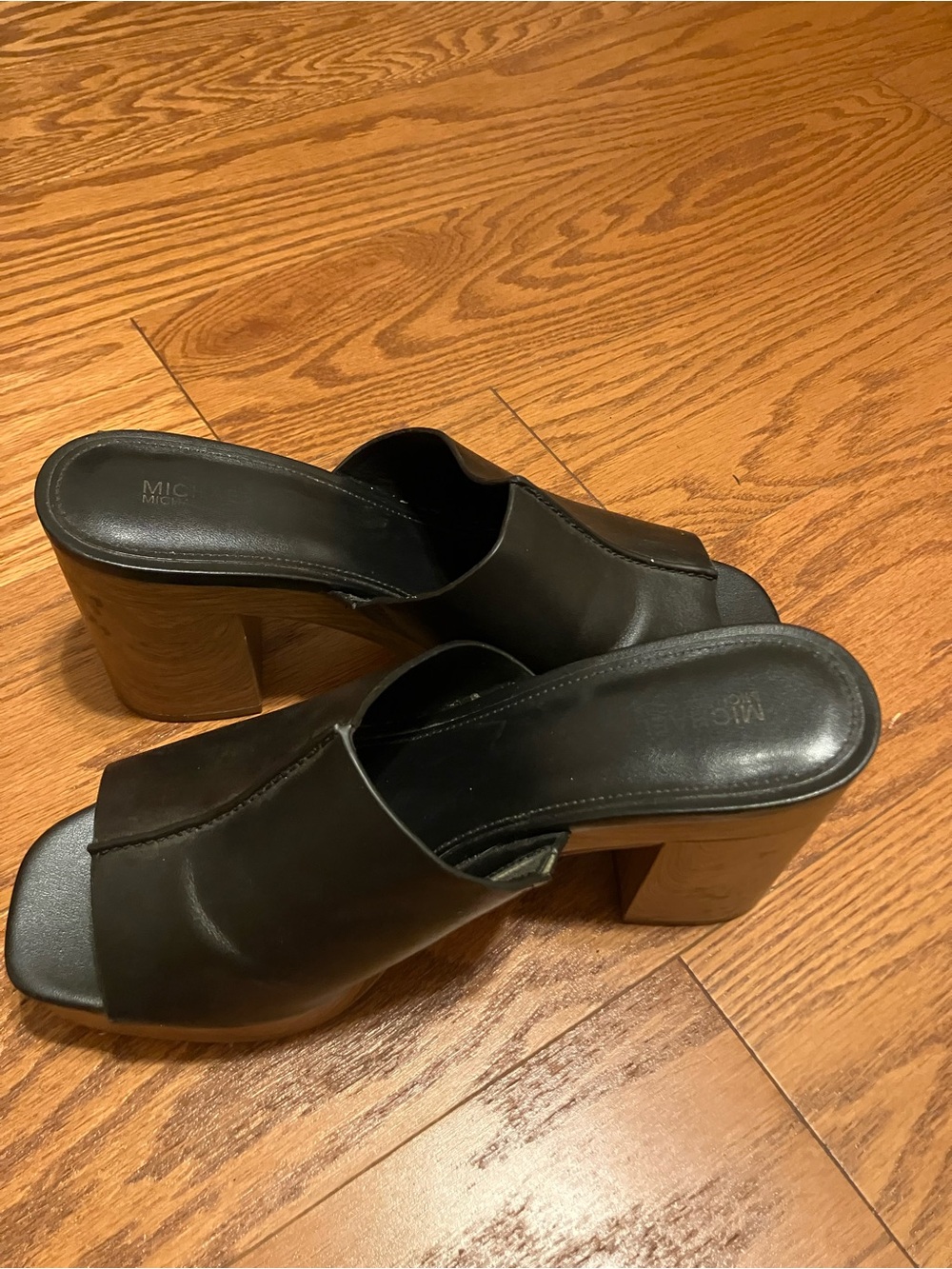 Michael Kors Black Leather Open-Toe Block Heel Mules